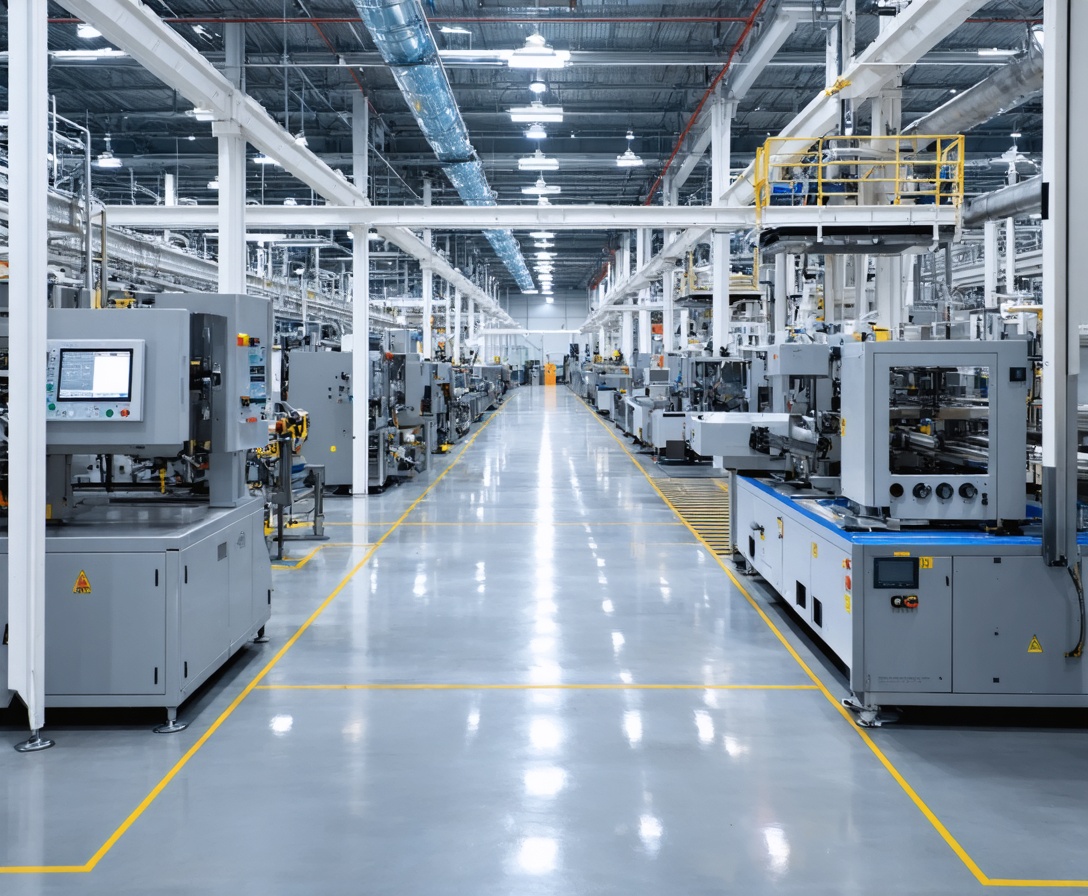 Pohľad na moderný strojársky výrobný závod v plnej prevádzke