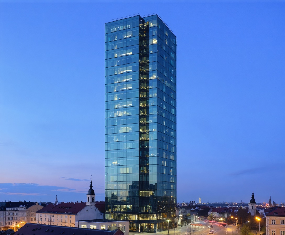 Exteriér budovy Tower 115 v Bratislave počas západu slnka - sídlo VektorScale